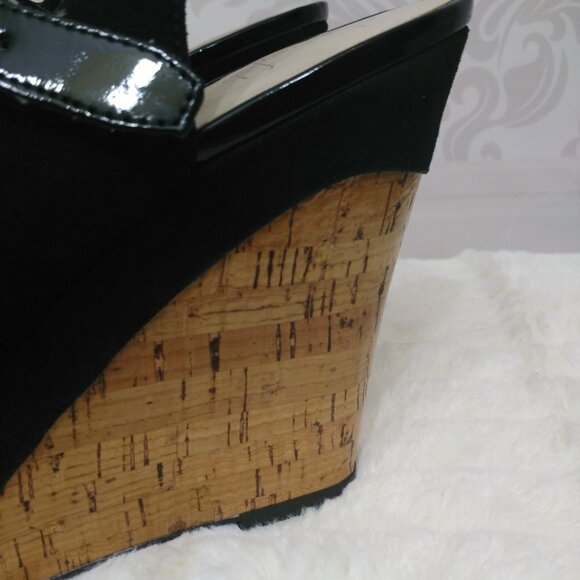 Y2K Franco Sarto Roxanne Peep Toe Wedge Heels US 10 Black Suede - Picture 2 of 12